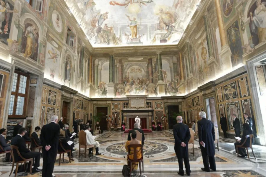 Pope Francis addresses new ambassadors accredited to the Holy See in the Vatican’s Clementine Hall, May 21, 2021.?w=200&h=150